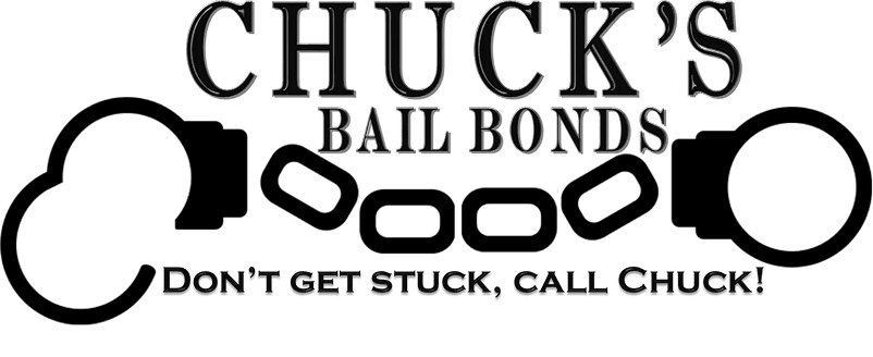 Logo for Chuck's Bail Bonds with handcuff graphic and the slogan, "Don't get stuck, call Chuck!.