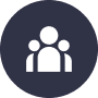A white icon of three people silhouettes on a dark circle background.